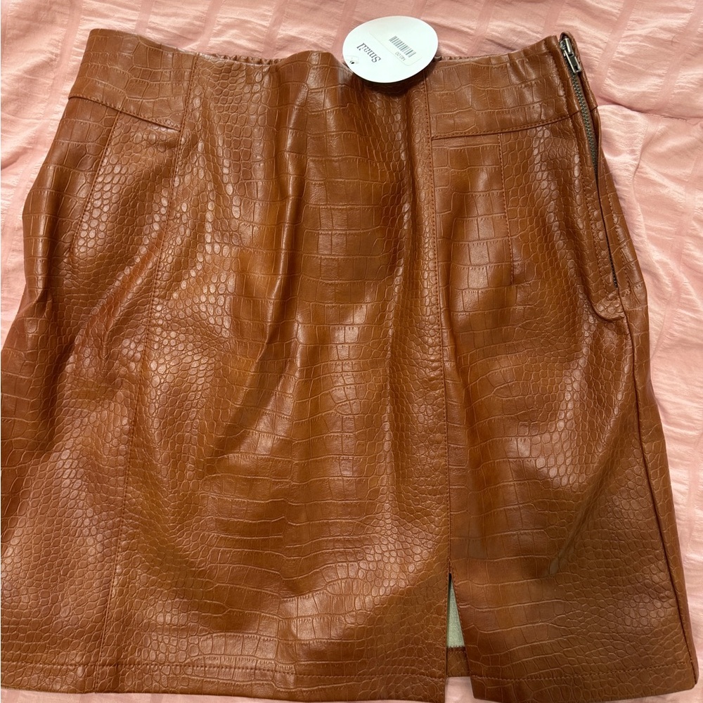 Faux Leather Croc-Embossed Mini Skirt in Cognac